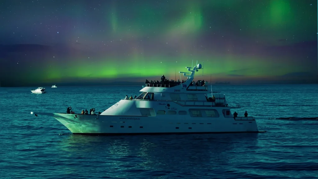 The Amelia Rose yacht sailing under vibrant green Northern Lights (Aurora Borealis) at sea near Reykjavík.