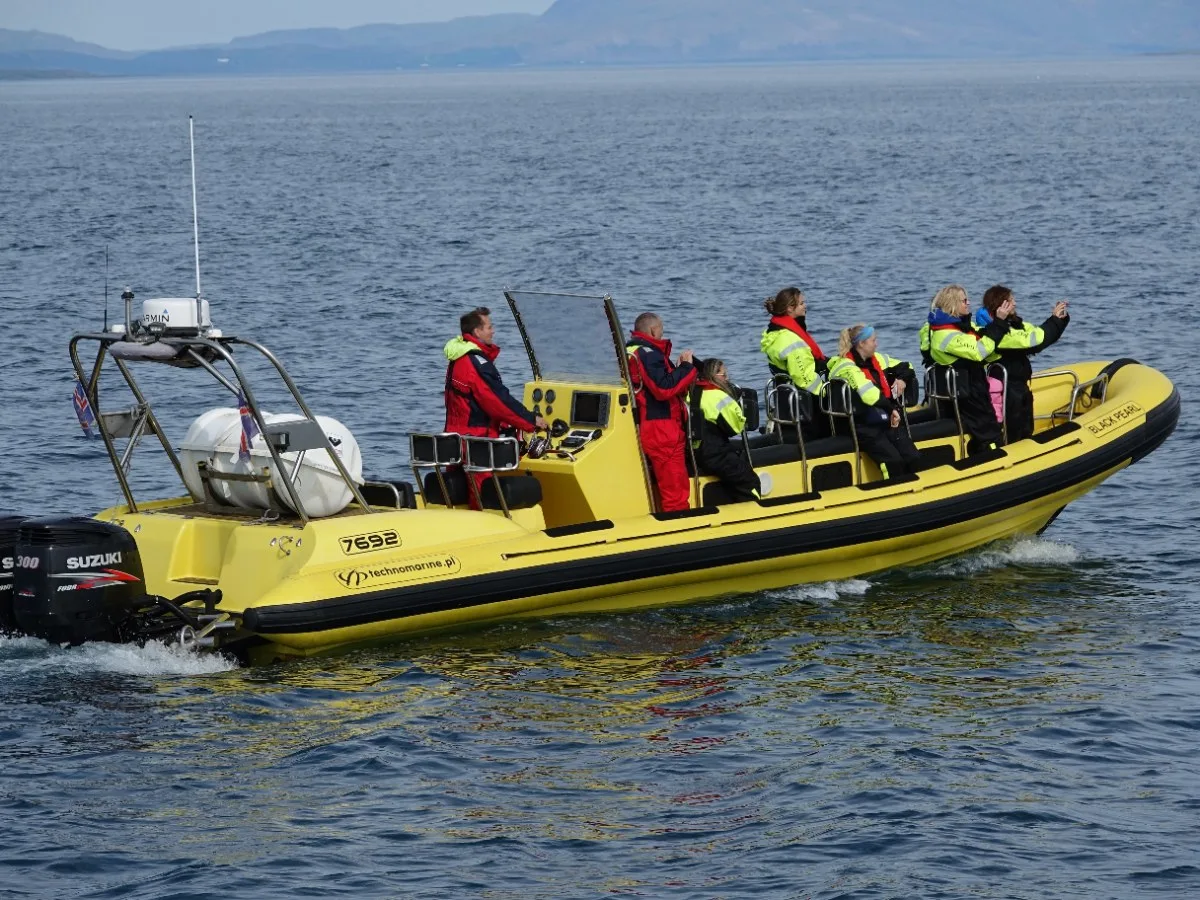 Passengers on the Black Pearl RIB speedboat searching for whales in the calm waters of Faxaflói Bay, Reykjavík.